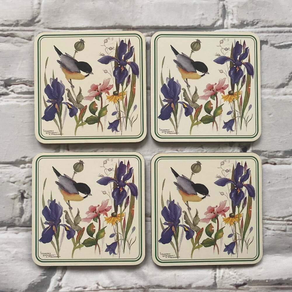Set of 4 Vintage 'Country Garden' Cork Coasters With Irises and Other Blooms